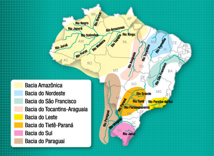 A localização e os principais rios das bacias hidrográficas brasileiras mais importantes.
